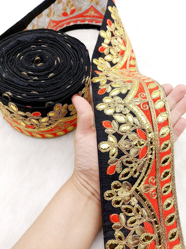 Silk Fabric Trim, Floral Gold Gota Patti Indian Sari Border Trim By Yard Decorative Trim Craft Lace